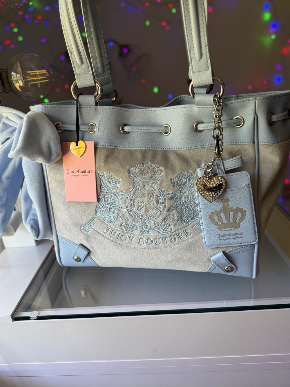 NWT Juicy Couture Classic Scottie Dogs Daydreamer Tote Bag Purse Dove Grey Blue